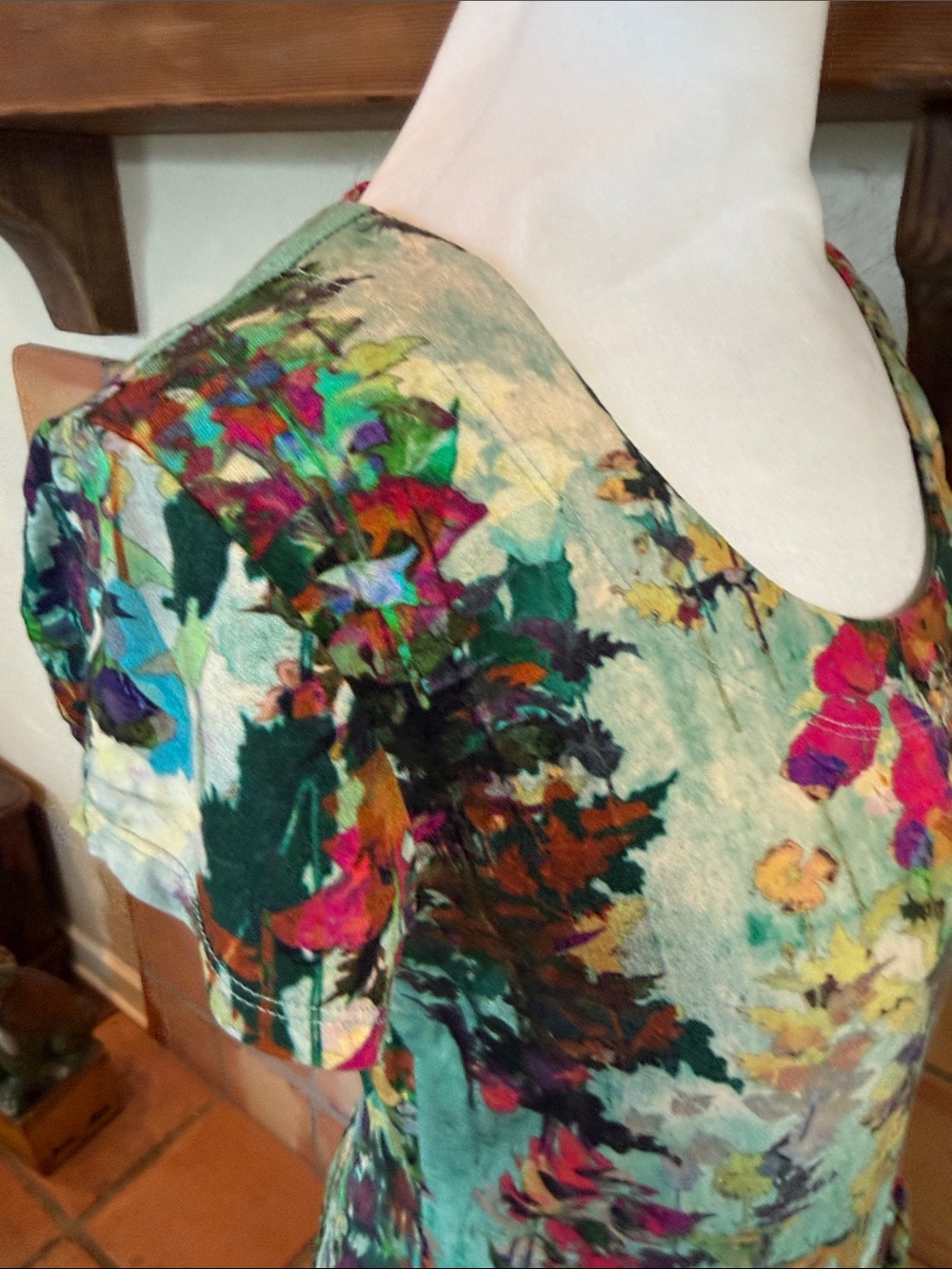 Peruvian Connection Teal Floral Short-Sleeve Scoop Dress with Pink Accents, sz M - Picture 4 of 9